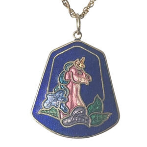 Vtg 1980s Gold Tone Enamel Cloissone Cloisonne Unicorn Pendant Necklace